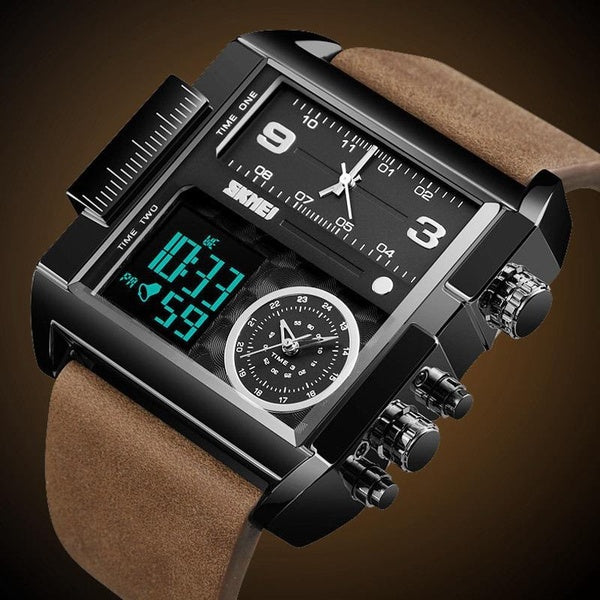 Montre pour hommes de concepteur numérique et analogique carré grand cadran mouvement à quartz étanche 3 fois montres de sport de l'armée militaire m