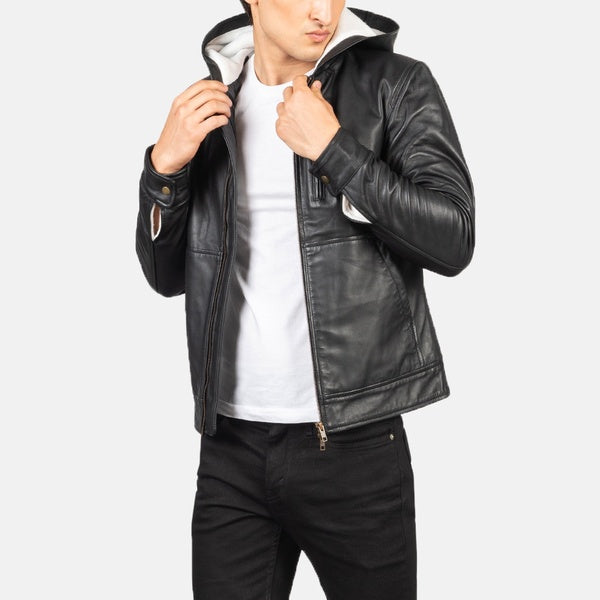 Black Hoodie Leather Bomber Jacket Pure Leather Zipper Jacket For Men's