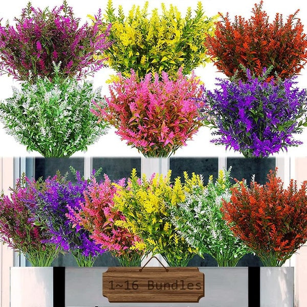 1-2-4-8-16 Bundles Outdoor Artificial Lavender Fake Flowers UV Resistant Shrubs Plants No Fade Faux Plastic Greenery for Hanging Plants Garden Porch