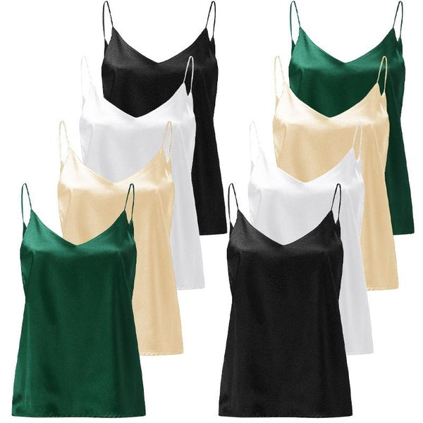 Débardeurs en Satin de Soie pour Femmes avec Bretelles Spaghetti Col en V Dos Nu Décontracté Cami Sans Manches Solide Camisole Blouses Été Débardeur