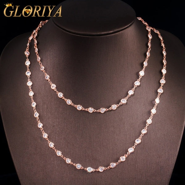 Gloriya Stunning 4mm Round Cut Cubic Zirconia Long Chain Necklace Pave Setting Rose Gold Plated Women Trendy Jewellery Clothing Accessories