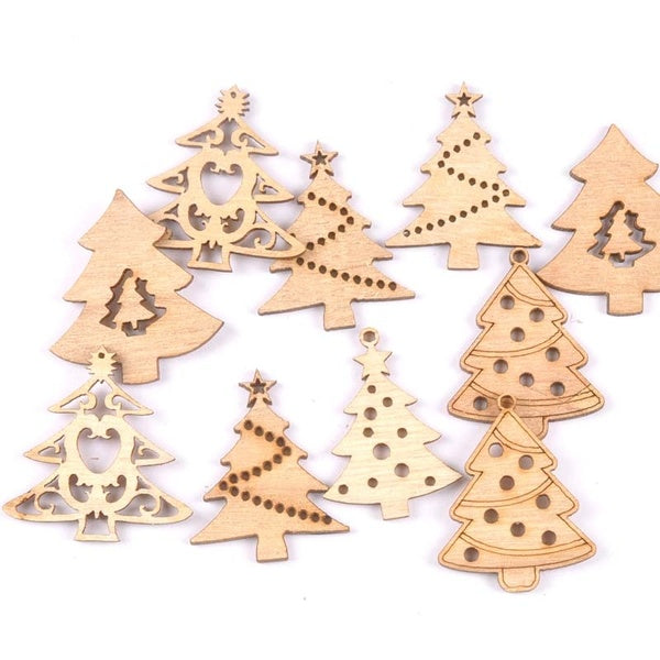 Mixed Shaped Christmas Tree Wood Slices Crafts 10Pcs Natural Wooden Embellishments DIY Decoration Scrapbooking Ornaments MT1858