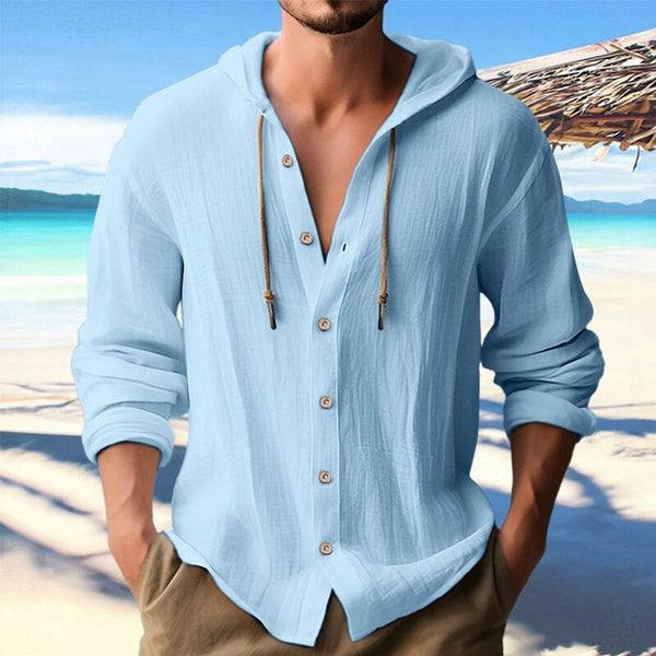 Men's cotton linen shirt hoodie button-up long-sleeved hooded casual daily wear