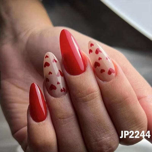Red Little Love Heart Full Cover Nails Sticky Diamond Glitter Powder False Nails Broken Heart Ballerina Nails for Valentine's Day
