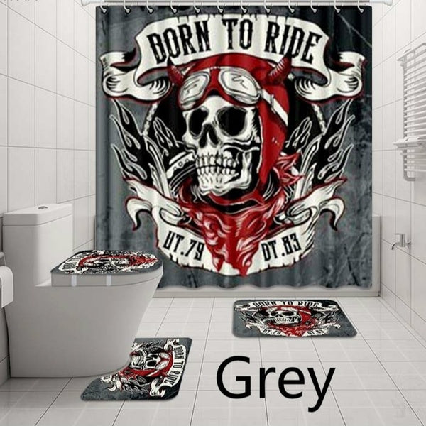 Halloween Bathroom Decor 4 Pcs Vintage Biker Skull Emblem Shower Curtain Pedestal Rug Lid Toilet Cover Mat Bath Mat Set For Bathroom Decor