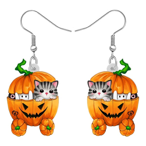 Boucles d'oreilles pendantes en acrylique orange citrouille voiture chat fantôme pour femmes filles enfants décorations d'Halloween cadeaux de charme
