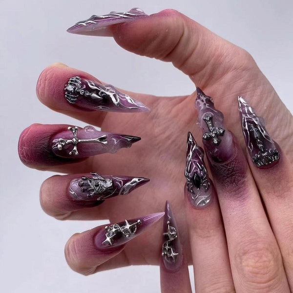 24pcs Halloween Fake Nails Press on Nails Nail Art Long Stiletto False Nails French Ballerina Nails Detachable Nail Tips
