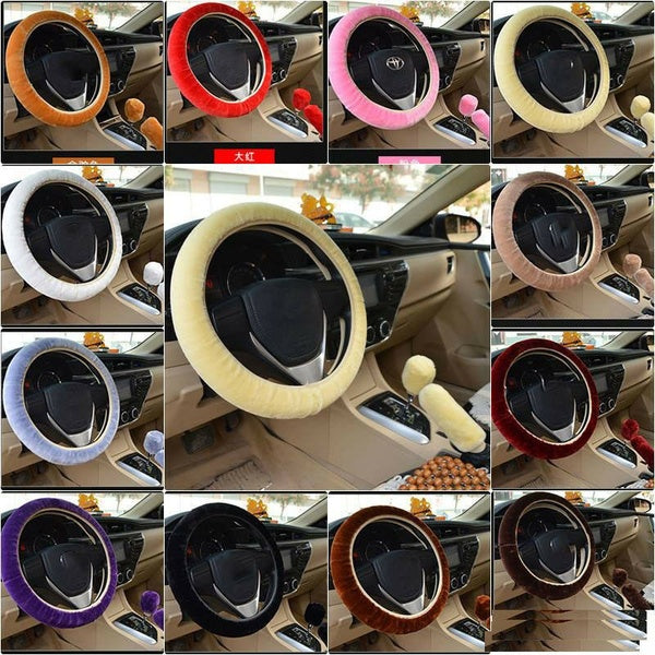 Plush Fur Fluffy Car Steering Wheel Cover Handbrake Cover Gear Knob Cover 3Pcs