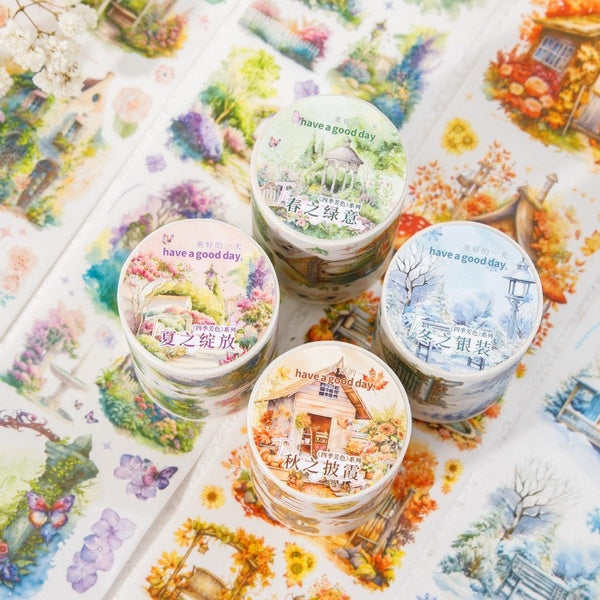 1 Roll Fragrant Color Series Washi Tape Four Seasons Scenery Beautiful Day Fairy House Handbook Scrapbook DIY Decoration Washi Paper