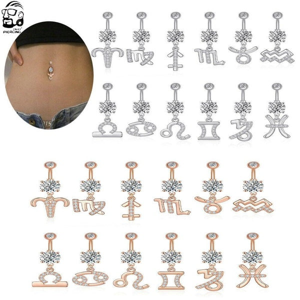 TOPBRIGHT 12 Constellation Piercing nombril anneau de ventre en acier CZ nombril anneaux barre d'haltères pendantes femmes bijoux de corps 14g