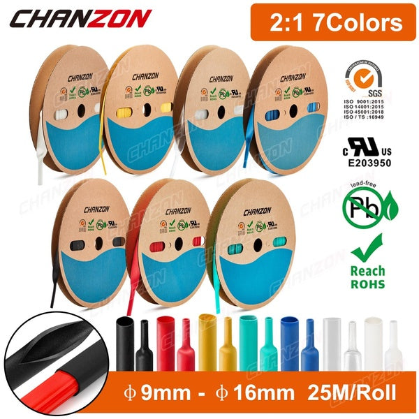 25M 2:1 7 Colors Heat Shrink Tubing Heated Shrinking Wrap Tube Hose Wire Protector Polyolefin Heat-Shrink Long Cable Sleeve Cord Inside Diameter 9mm