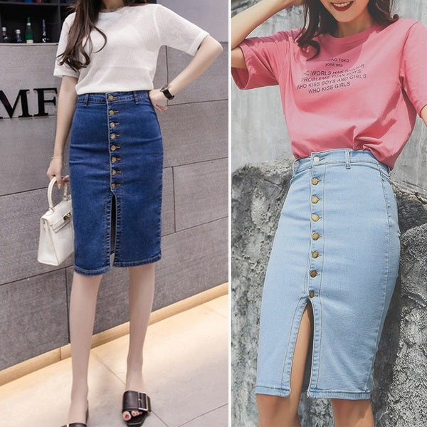 Women Elastic Denim Pencil Skirts Casual Hight Waist Knee Length A-line Denim Skirt Jean Midi Skirts
