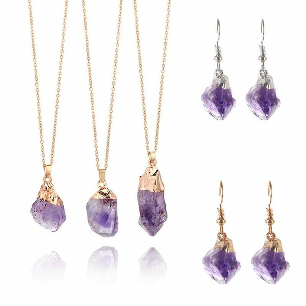 Amethyst Natural Gemstone Necklace Irregularity Crystal Pendant Plated Gold Silver Chain Necklace Earring Charms Healing Jewelry for Woman