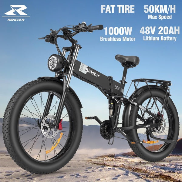 Ridstar DCHM26 1000W 48V Motor 20A Battery Electric Bike for Adults Classic 26" 4.0 Fat Tires Mountain City Snow Ebikes