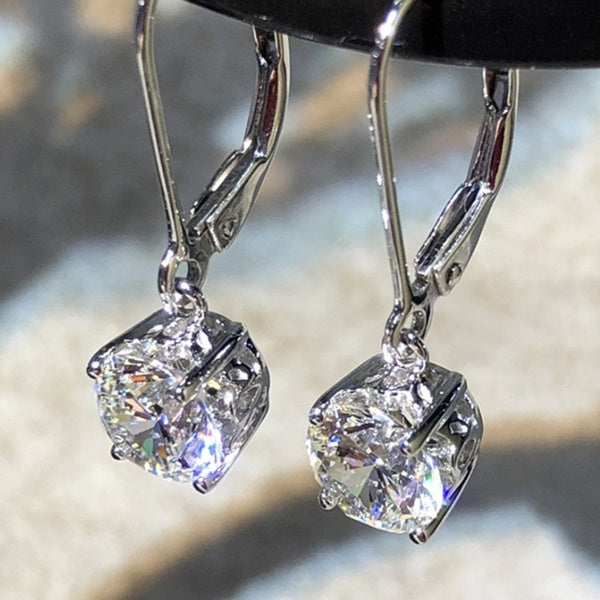 Temperament Four Claws Round Cut Glitter Diamond Drop Earrings Silver Plated Huggies Hoop Stud Earrings for Women Classic Engagement Wedding Female A