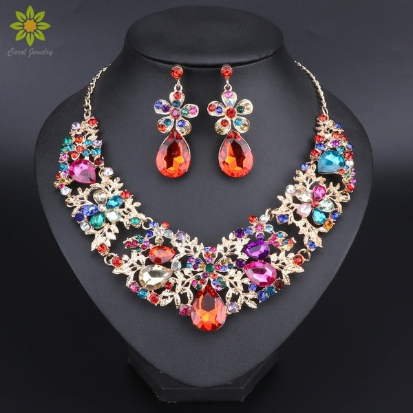 Fashion Multicolor Flower Crystal Necklace Earrings Set Bridal Jewelry Sets for Brides Wedding Party Costume Jewellery Sets
