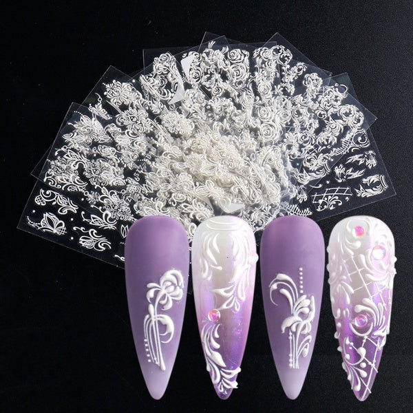 5D Nail Stickers Dentelle Rose Blanc Curseurs En Relief De Mariage Nail Art Design Acrylique Gravé Fleur Decal Manucure Décor 5D01-5D16