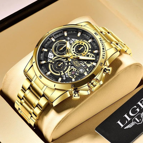 LIGE Nouvelle Mode Hommes Montres Or En Acier Inoxydable Top Marque De Luxe Sport Montres Étanches Montre À Quartz Hommes Relogio Masculino
