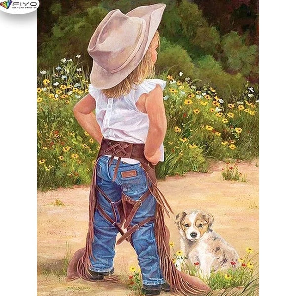 FIYO Girl and Dog DIY 5D Diamond Painting Full Drill with Number Kits Home and Kitchen Fashion Mosaic Diamond Painting Canvas Wall Decoration Gift Cr