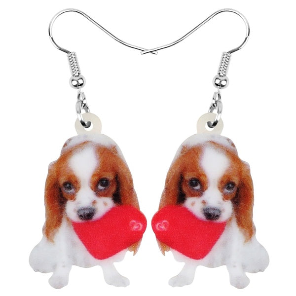 Acrylic Valentine's Day Heart Cavalier King Charles Spaniel Dog Earrings Cute Pets Dangle Drop Animal Jewelry for Girls Kids Charms Gift