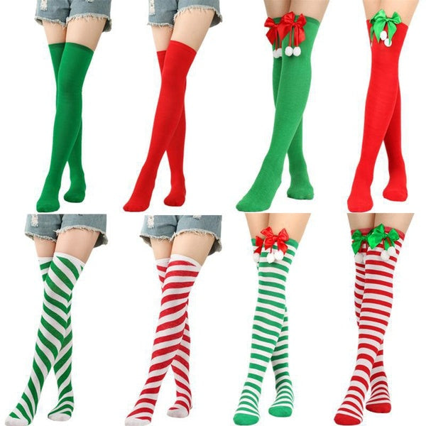 Colorful Striped Stockings High Thigh Stocking Women Long Socks Christmas Stockings Holiday Party Socks Bowknot Christmas Socks