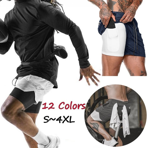 Mens Outdoor Sport Double-Layer Shorts Fitness Running Training Shorts Quick-Drying Football Shorts
