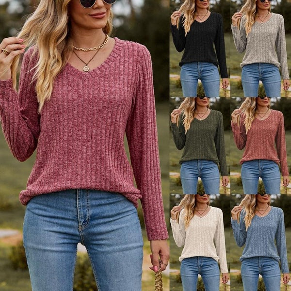 Women's Fashion V Neck Long Sleeve Blouses Female Pit Stripe T-shirts Ladies Loose Solid Color Tops