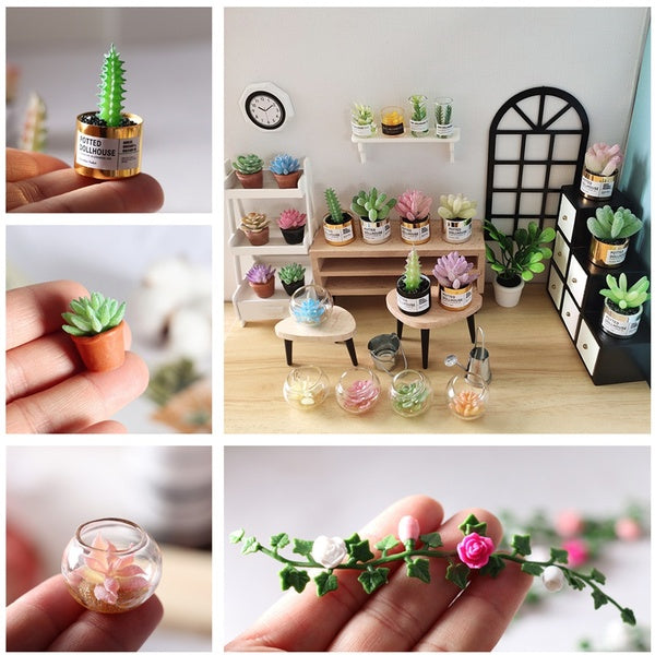 1:12 Dollhouse Mini Succulents Plants in Pot-Glass Jar Mini Flower Vine Miniatures Toy Collection Desk Decor