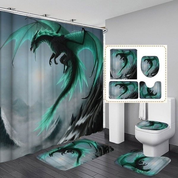 Rideau de douche couvre-toilettes tapis de bain vert Wyvern ensemble de salle de bain étanche salle de bain décor tapis antidérapants ensemble