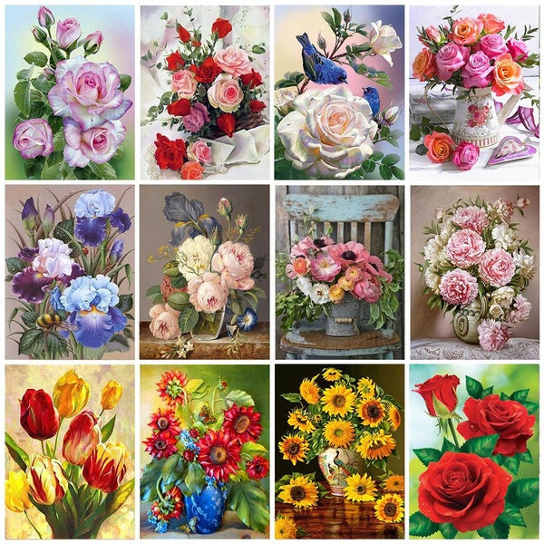 Flowers Art DIY 5D Diamond Painting Full Drill with Number Kits Home and Kitchen Fashion Crystal Rhinestone Cross Stitch Embroidery Paintings Canvas