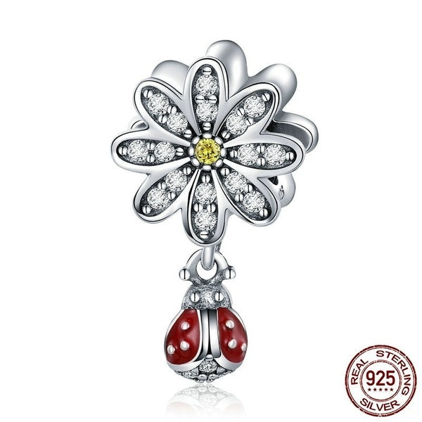 BAMOER 925 Sterling Silver CZ Daisy Flower Ladybug Pendant Charms fit Bracelet Necklace Fashion DIY Accessories Jewelry