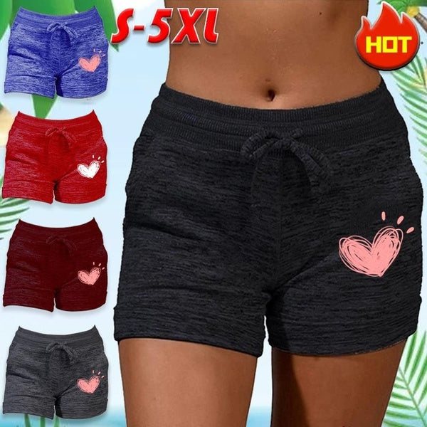 Summer Women's Bottoming Sports Stretch Shorts Yoga Pants Casual High Waist Drawstring Pockets Shorts Jogger Fitness Shorts Plus Size Women's Heart P