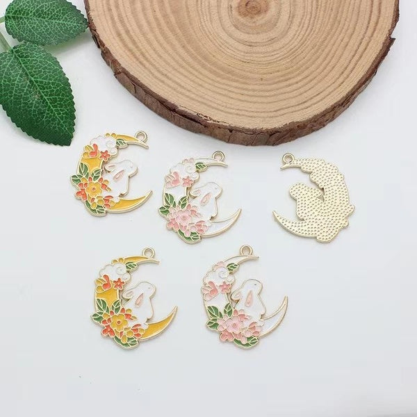 20pcs Moon Rabbit Charm for Jewelry Making Supplies Enamel Flower Animal Pendant Earring Charms Diy Craft Accessories Materials Matron Inn