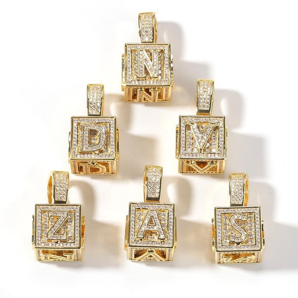 Hip Hop Letter A-Z Name Pendant Necklace Dice Square Pendant With Chain Gold Filled Micropave CZ Accessories Gift for Men Women Matron Inn