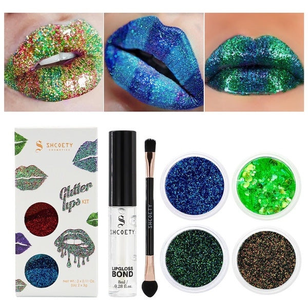 Polarized high pigment sequin powder, fine shiny lip gloss, sequin lipstick with brush and glue
