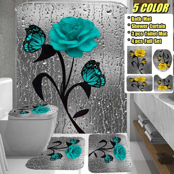 1-3-4Pcs 3D Printing Butterfly Rose Pattern Bathroom Decoration Waterproof Bathroom Shower Curtain Mats Rugs Set Non-Slip Bathroom Carpets Toilet Lid