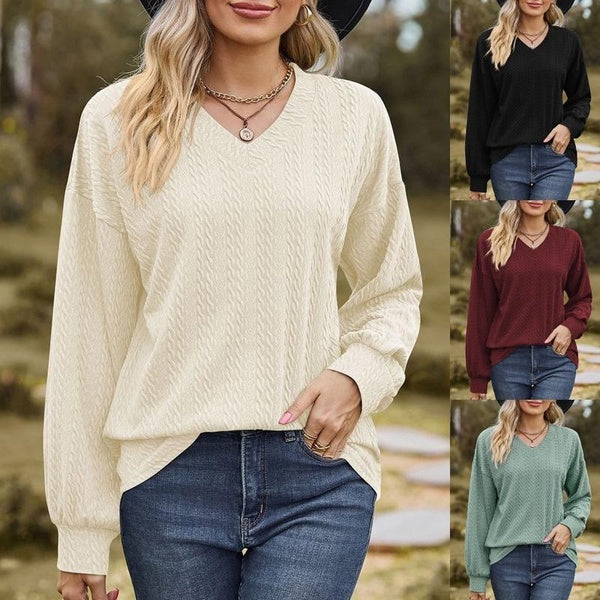 Women's Fashion V Neck Long Sleeve Blouses Ladies Casual Loose T-shirts Solid Color Tops Plus Size