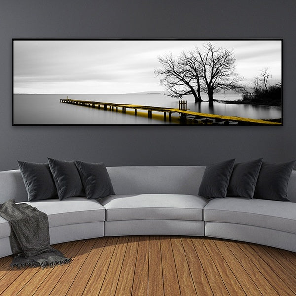 Calm Lake Surface Yellow Long Bridge Scene Black White Canvas Paintings Poster Prints Wall Art Pictures Living Room Home Decor