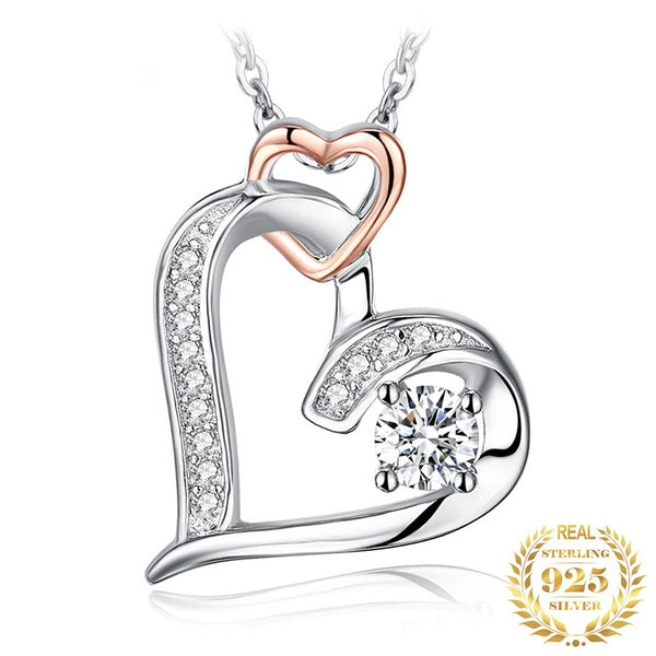 Romantic Tow Tone Double Heart Pendant Necklace Moissanite Charm Necklace Silver Plated Choker Necklace for Women Wedding Engagement Party Fine Jewel