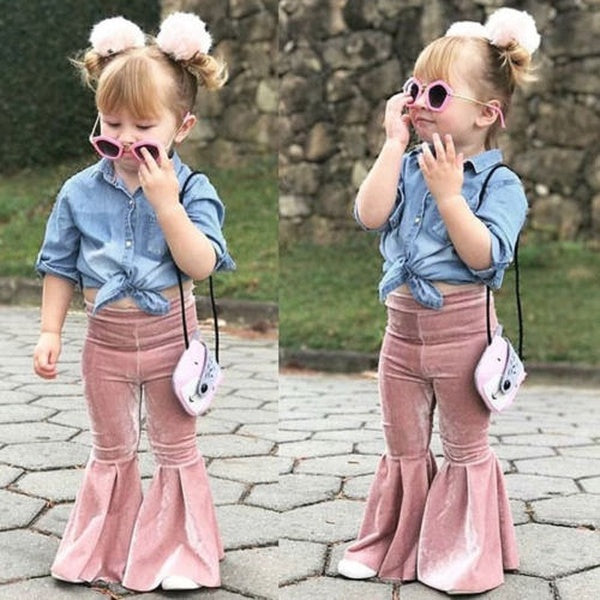 Infant Kids Baby Girl Bell Bottom Gold Velvet Pants Flare Trouser Clothes Autumn