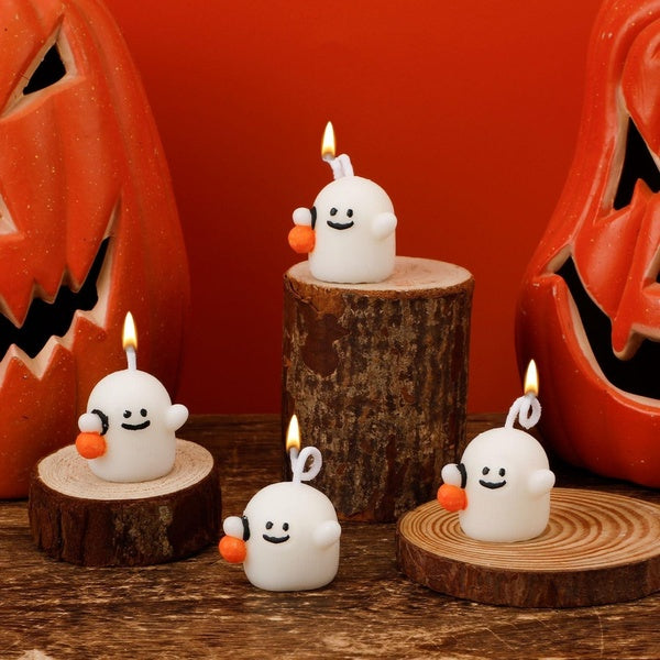 4pcs Mini Pumpkin Ghost Candles, Cute Ghost Shape Candles White Spooky Halloween Scented Decoration Candle Gifts Party Decors for Home Halloween Part