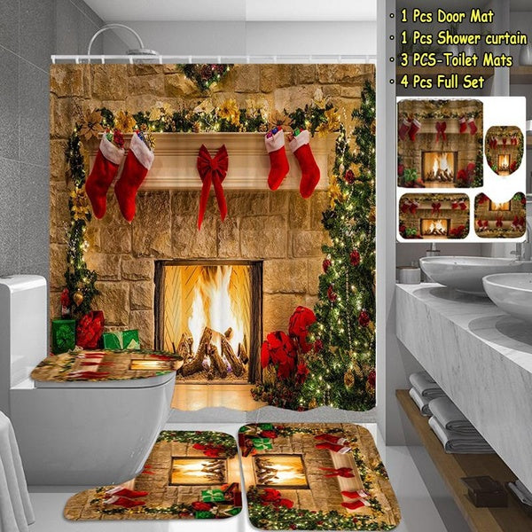 3D Bathroom Decro Christmas Shower Curtains Set Xmas Eve Fireplace Gifts Red Socks Holiday Bathroom Decoration Waterproof Shower Curtain Non-slip Car