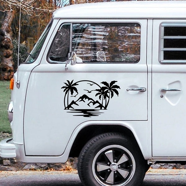 Palm Tree And Mountain Caravan Sticker Car Suv Vinly Decals Camping Motorhome DIY Decor Accessories Waterproof Sticker