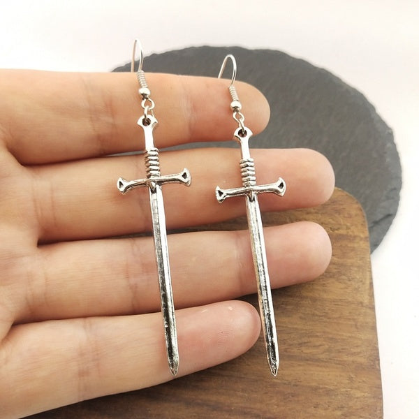 Handmade 1Pair Vintage Cool Sword Earrings Female Punk Ear Hoops for Womens Jewelry Long Unique Earring