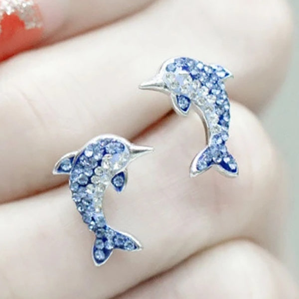 New Fashion Accessories Blue Crystal Dolphin Lab Diamond Stud Earrings Silver Plated Earrings Women Girl Party Engagement Birthday Gift Matron Inn
