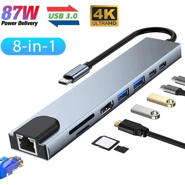 8 In 1 USB C Hub 4K Ultra HD Multiple Display Laptop Docking Station with Pd Fast Charging Usb 3.1card Reader Type C Hub Adapter RJ45 100 Gigabit Eth