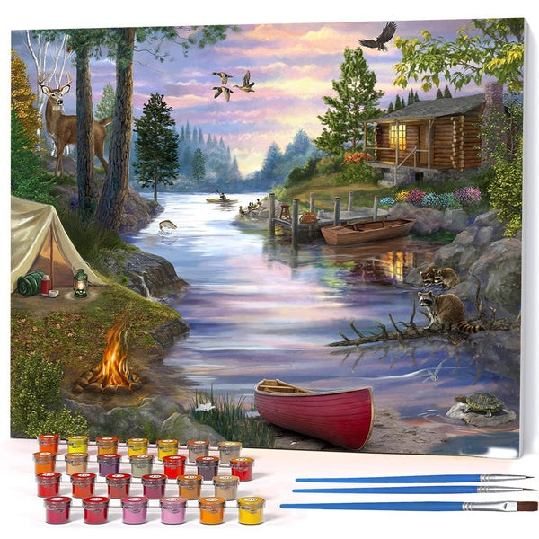 （Cabin Lake）FIYO Diy Oil Paint by Numbers Kits for Adults and Kids Beginner on Canvas Fashion Oil Painting Wall Art for Gift( No Frame )