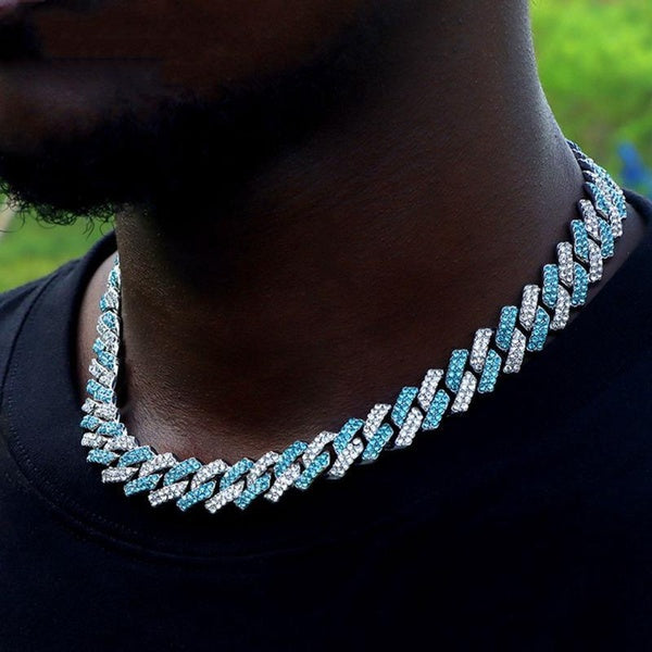 Iced Out Blue Crystal Cuban Link Chain Necklace for Men Hip Hop Color Rhinestones Paved Miami Cuban Choker Rapper Jewelry
