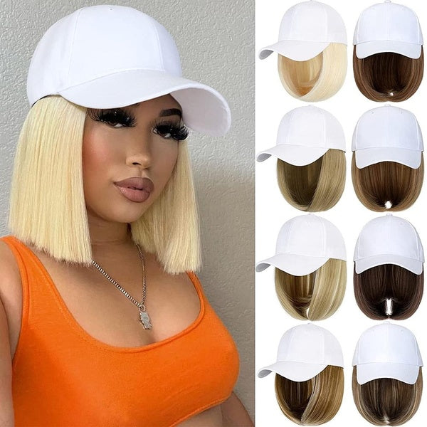 Baseball Cap with Hair 14inch Straight Short Bob Hairstyle Adjustable Wig Cap Attached Hairpiece Hair Extensions for Women Girls Shopping-Travealing-