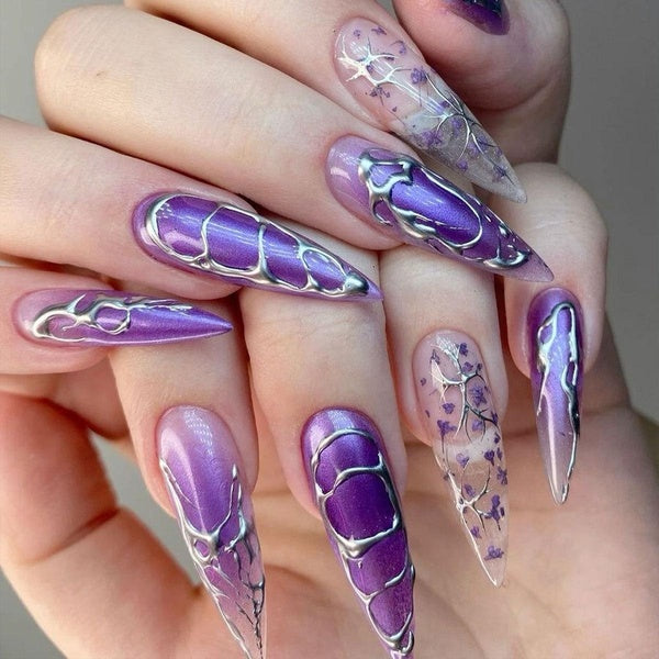 24Pcs Gradient Purple Long Press on Nails Flower False Nails with Designs Black French Fake Nail Full Cover Nail Art Tips